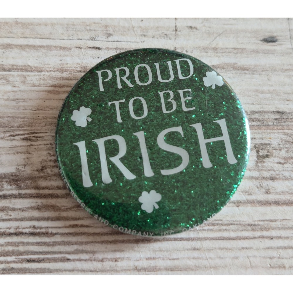 Vtg Russ Berrie Proud to Be Irish Green Glitter Pinback Button Shamrock 2.25"